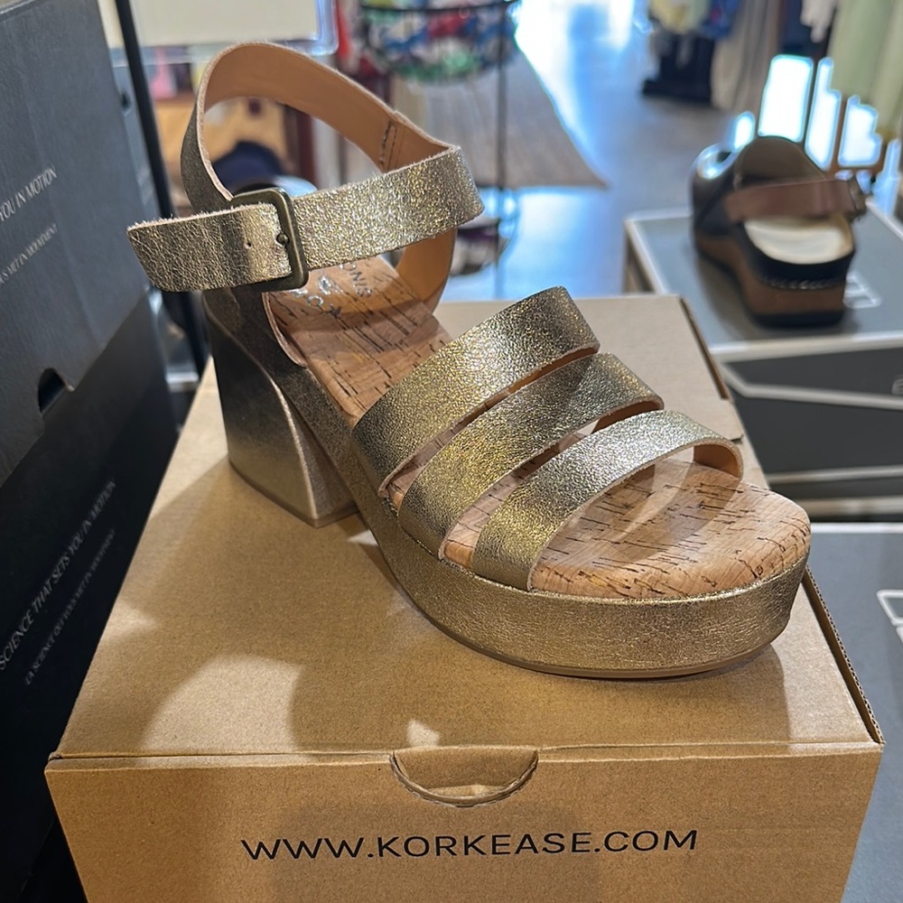 Kork-Ease Gold Heeled Sandals with Ankle Strap